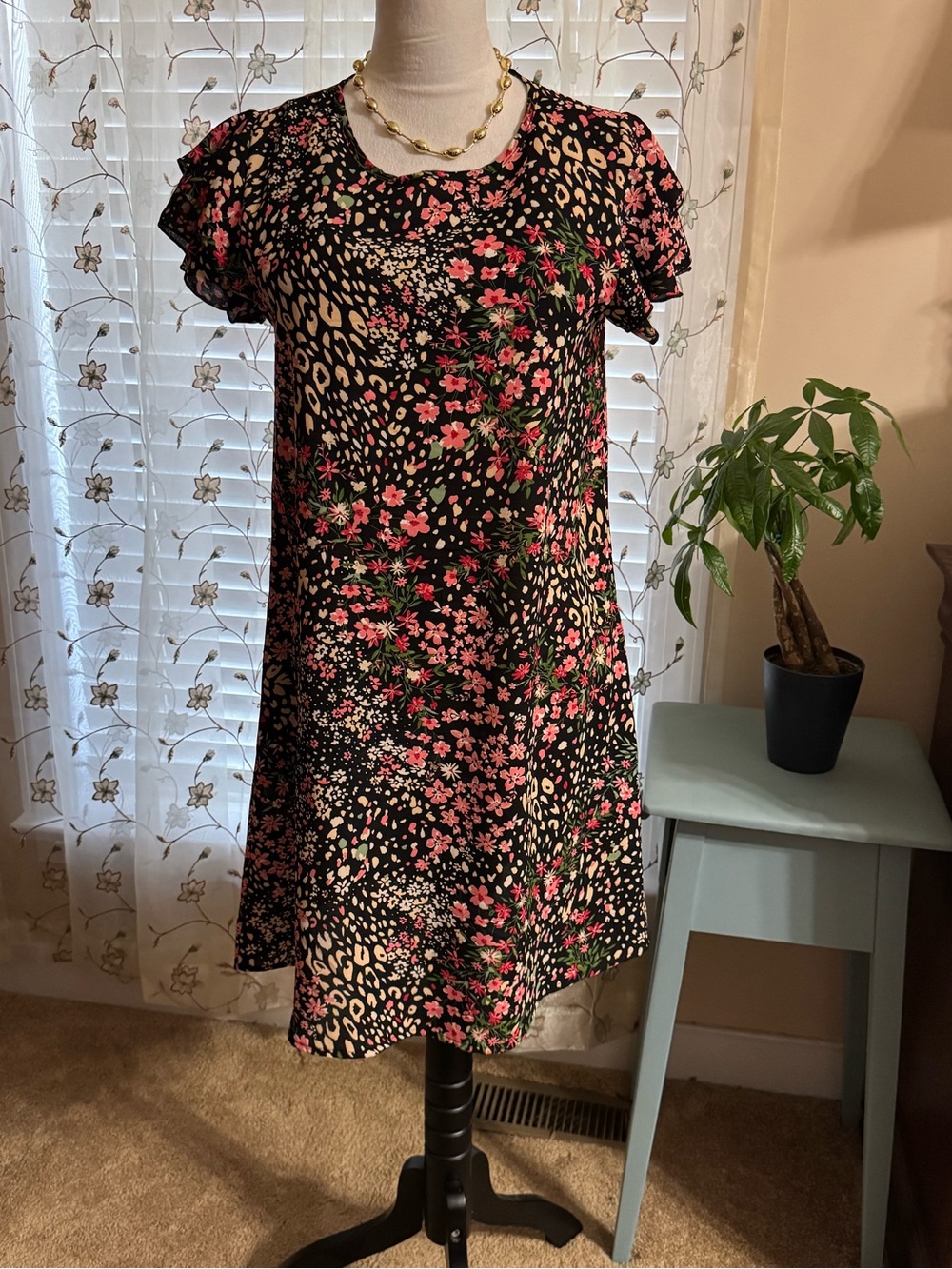 New! Heimish Size S Feminine Black Floral Shift Dress with Leopard Accents.